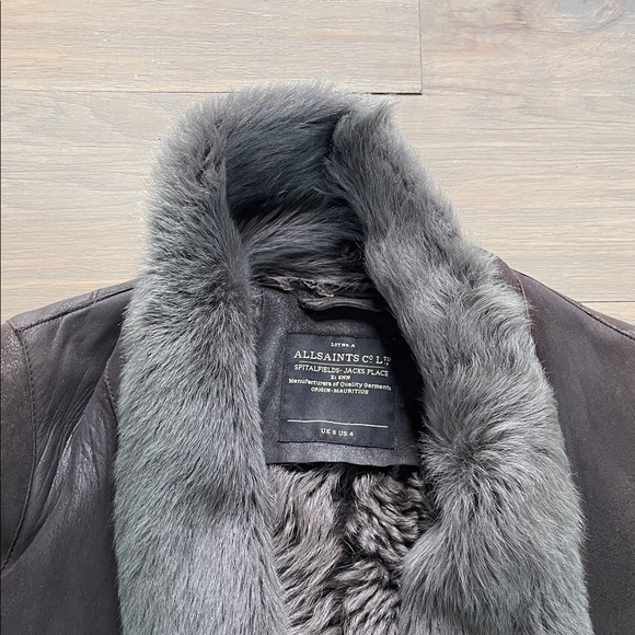 All Saints Black Leather Jacket with Gray Fur Trim - Picture 2 of 5